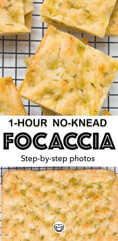 four squares of food on a cooling rack with the words, 1 hour no - knead focaccia step by step photos