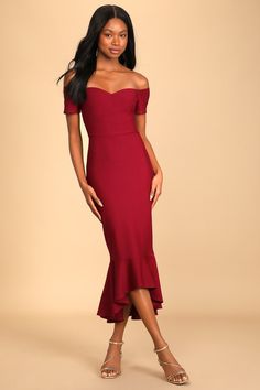 How Much I Care Wine Red Off-the-Shoulder Midi Dress Mac Duggal Dress, Winter Wedding Guest Dress, Spring Wedding Guest Dress, Best Wedding Guest Dresses, Red Midi, Fall Wedding Guest Dress, New Years Eve Dresses, Wedding Guest Dresses, Flattering Dresses