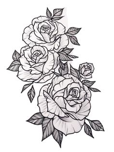 three roses with leaves on the stems and one flower in the middle is black and white