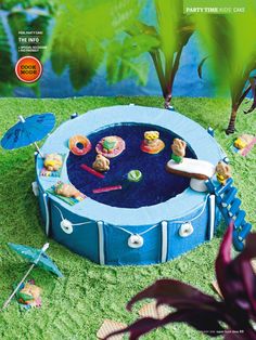 an inflatable pool with toys and umbrellas