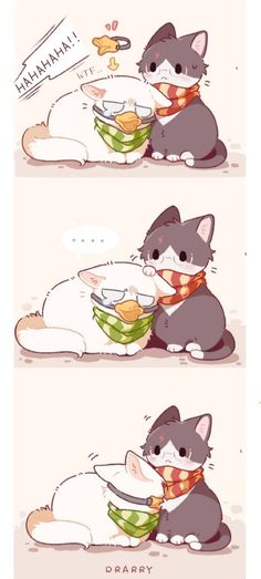 two pictures of cats eating food together