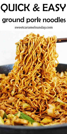 Chopsticks holding noodles above black bowl of the same. There is text written at the top of the image. Ground Pork Noodles, Pork Noodles Recipe, Ground Pork Recipes Easy, Ground Pork Recipes For Dinner, Noodles And Sauce, Noodles Video, Pork Mince Recipes, Chewy Noodles, Ground Pork Recipes