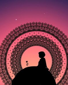 the silhouette of a woman sitting on top of a rock in front of a pink sky