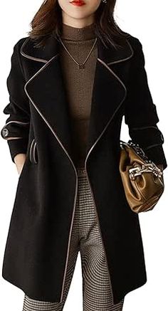 Woolen Coat Winter, Long Outerwear, Long Peacoat, Black And Khaki, Chic Outerwear, Middle Age Fashion, Peacoat Jacket, Fall Coat, Style Noir