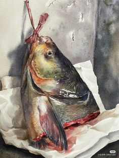 a painting of a fish hanging from a hook on a piece of paper in front of a wall