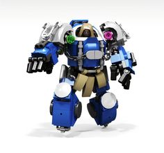 a blue and white robot is standing in front of a white background