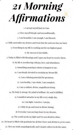 a poem with the words morning affirmations written in black and white on it