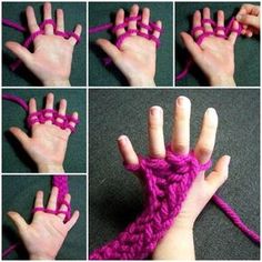 four pictures showing how to crochet the hands