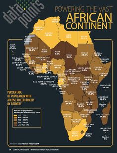 the african continent is shown in yellow and brown, with information about its country's population