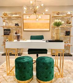 Green And Gold Office, Feminine Home Offices, Gold Office, Be Design, Office Inspo, Home Office Space, Decor Home Living Room