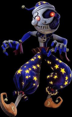 a creepy clown with red eyes and stars on his pants