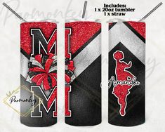 two red and black can coolers with the letter m on them, one has a basketball