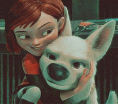 a cartoon girl hugging a dog with her face close to the camera