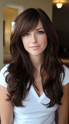 25 Gorgeous Winter Hair Color Ideas for 2025 to Keep You Cozy and Stylish Color For Brown Hair Ideas, Twilight Inspired Hairstyles, Layered Long Hair With Side Bangs, 90 Supermodel Hair, Twilight Hair Color, Long Length Hair With Layers And Bangs, Brown Hair 2025, Haircuts For Long Hair With Layers And Bangs, 2025 Long Hair Trends For Women