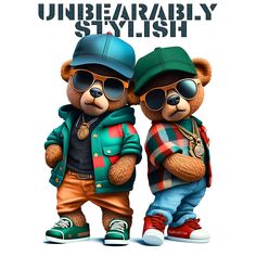 two teddy bears dressed in clothes and hats are standing next to each other with sunglasses on