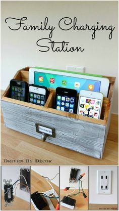 a wooden box filled with cell phones and charging cords