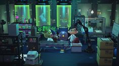 an animated character in a room with lots of equipment