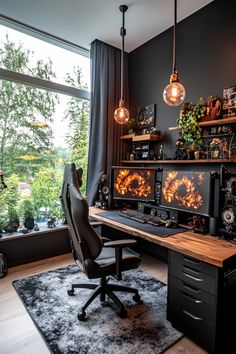 a home office with black walls and lots of lights hanging from the ceiling, along with a rug on the floor