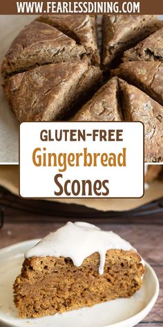 gluten - free gingerbread scones with white icing on a plate