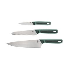 two knives with green handles are on a white background