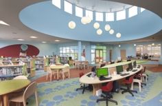 the children's library is equipped with computers and desks