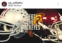 two football helmets with the words beat the buckeyes on them