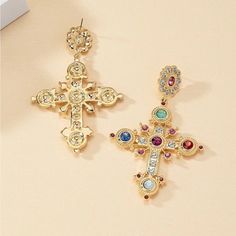 Multicolored Rhinestone Cross Earrings Gold Cross Earrings, Rhinestone Cross, Pinterest Closet, Cross Earrings, Gold Cross, Dream Jewelry, Earrings Color, Jewelry Earrings, Women Jewelry