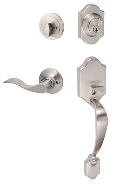 an image of a door handle and knob set with satin chrome finish on white background