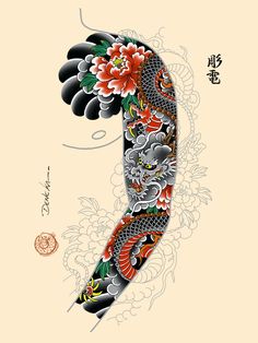 Ryu with peonies (left side) Tato Joker, Traditional Japanese Tattoo Sleeve, Japanese Snake Tattoo, Tiger Tattoo Sleeve, Dragon Sleeve