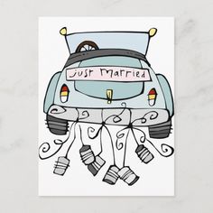 a card with the words just married on it and an image of a car that says just married