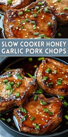 slow cooker honey garlic pork chops in a skillet with green onions and sesame seeds