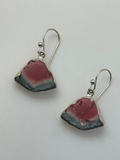 "These earrings have been hand fabricated from sterling silver and fine silver and Watermelon Tourmaline.  They are suspended from sterling silver French ear wires.  Earring measurements: 1 1/4\" long by 5/8\" wide" Mixed Metal Earrings, Tourmaline Earrings, Blue Tourmaline, Watermelon Tourmaline, Metal Earrings, Turquoise Earrings, Pink Tourmaline, Fine Silver, Sterling Silber