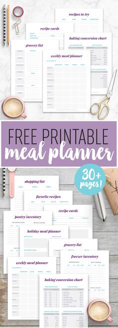 the free printable meal planner is shown on top of a table with other items