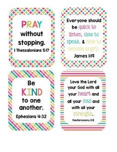 four different bible tags with the words pray, be kind to one another