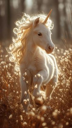 a white unicorn with long hair running through tall grass in the sun, looking at the camera