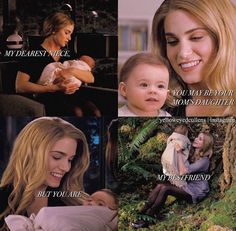 a woman holding a baby in her arms and two pictures with the same caption