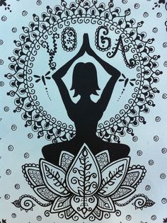 a drawing of a woman doing yoga in the middle of a flowered circle with her hands up