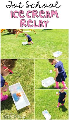 a collage of photos showing how to use ice cream relays in the yard