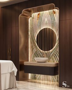 a bathroom with a sink, mirror and bathtub in the middle of the room