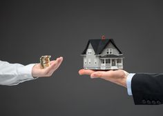 two people holding out their hands to each other with a model house on top of them