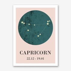 the zodiac sign capricorn on a pink and green background with stars in it