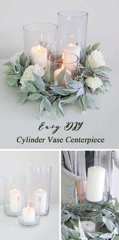 candles and greenery are arranged in the centerpiece for an elegant candle holder display