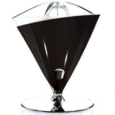 an upside down view of a black vase on a clear base with a white background