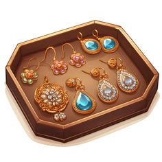 a tray that has many different types of earrings in it