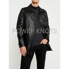 Men's Black Leather Driving Coat, Men's Black Leather Trench Coat, Men's Black Leather Long Coat, Black Leather Coat, Leather Trench for Men - from Power Knots. Material Type : 100% Genuine/Real Soft Lambskin Leather. Collar : Shirt/Man Style Spread Collar. Pattern : Solid Fit : Tailored Fit Closure Type : Front Buttoned Closure. Hemline : Straight Hemline. Sleeves Style : Long Sleeves with Buckled Sleeve Straps Number of Pockets : Inner Pockets : 1 Outer Pockets : 2 Side Welted Pockets. Color : Black Nappa. Lining Material : Inner Lining : 100% Premium Lining. Sleeve Lining : 100% Viscose Lining. Gender : Men/Male Good For : Bomber, Pilot, Casual, Fashion, Daily. Care Instructions : Professional leather clean only. Imported Package Details : 1 Leather Trench Coat. SIZING: Please Note :  S Black Leather Jacket With Lapel Collar For Business, Classic Black Single Breasted Leather Jacket, Classic Black Leather Jacket With Lapel Collar, Masculine Leather Jacket, Masculine Black Leather Jacket For Work, Black Leather Jacket With Lapel Collar, Black Leather Outerwear, Business Black Leather Jacket, Sleeve Straps