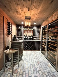 a wine cellar with two stools in front of it