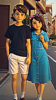 a man and woman are standing on the sidewalk