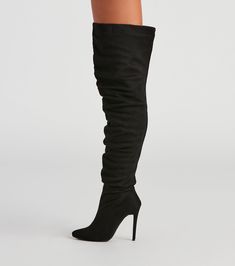 In these slouchy boots. you'll never not be fabulous walking all over town! They feature a pointed toe. stiletto heel. inner zipper closure. and an over-the-knee shaft length on faux suede material. Style with a short sweater dress to complete your chic look! Fit & Features Pointed toe Stiletto heel Inner zipper closure Over-the-knee shaft length Slouchy design Faux suede material Runs true to size Trendy Fitted High Shaft Boots, Trendy Fitted Knee-high Boots With Pointed Toe, Fall Knee-high Pointed Toe Boots For Night Out, Trendy Tall Heeled Boots For Night Out, Trendy Tall Knee-high Boots For Night Out, Trendy Tall Knee-high Boots With High Heel, Plus Size Boots, Short Sweater Dress, Short Sweater