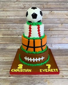 a three tiered cake with a soccer ball on top