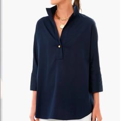 Crafted In A Flattering Silhouette From A Crisp Cotton Poplin, The Navy Willow Blouse Is A Must-Have. Featuring A Gold Button, Front Half-Placket, Folded Collar, And High-Low Hem, This Pullover Pairs Easily With Everything From Denim To Leather. Three-Quarter Length Sleeves Gold Button Half-Placket Collared Button Cuffs High-Low Hem Material: 97% Cotton Poplin, 3% Spandex Care: Machine Wash Cold Xl Pit To Pit 27.5” Xxl Pit To Pit 29” **Authentic Tuckernuck** Crisp White Blouse, Classic White Shirt, Perfect Blouse, Ruffled Sleeve Top, The Navy, Puff Sleeve Top, Long Blouse, High Low Hem, Navy Tops